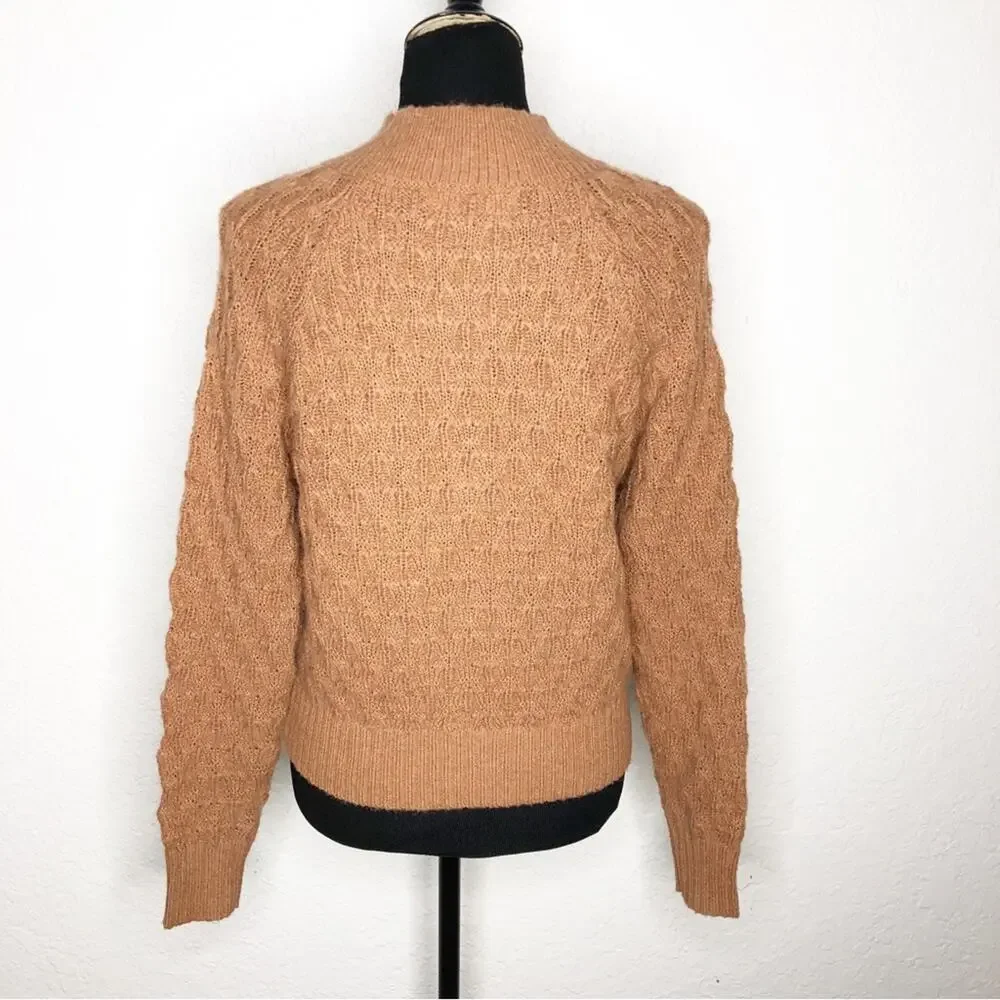 Self Contrast light brown textured knit button popover sweater size Small